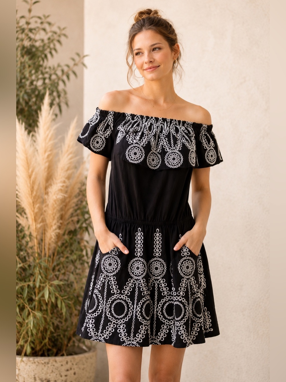 Aqua Black White Embroidered Off Shoulder Dress XS Boho Peasant Mini W/ Pockets